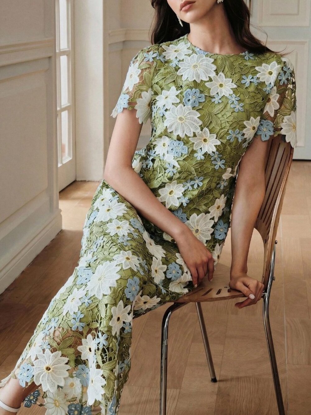 Sage Green 3D Floral Embroidery Lace Garden Party Statement Midi Dress
